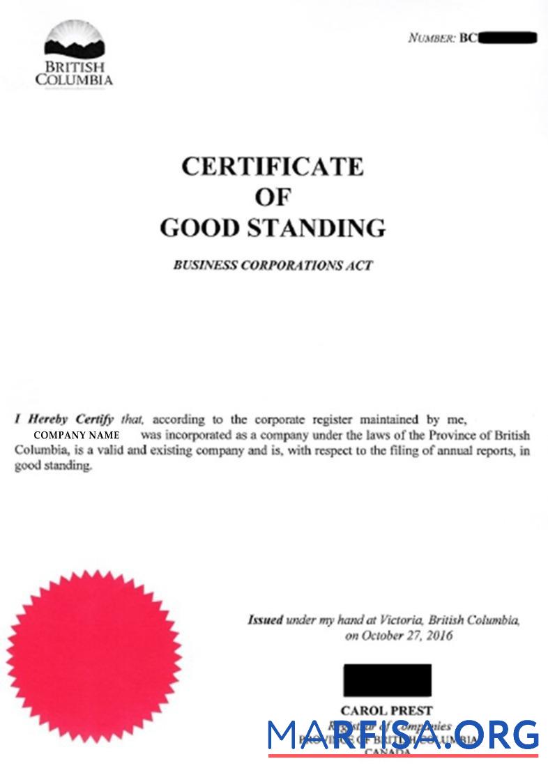 Blank Canada British Columbia certificate of good standing download for verification